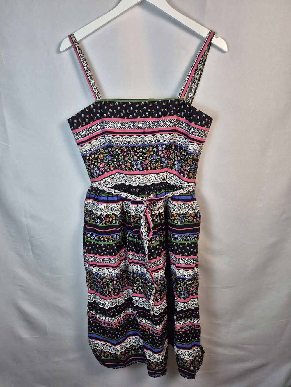 VTG Victor Costa Black Floral Stripe Midi Dress with Pink Accents Size 12
